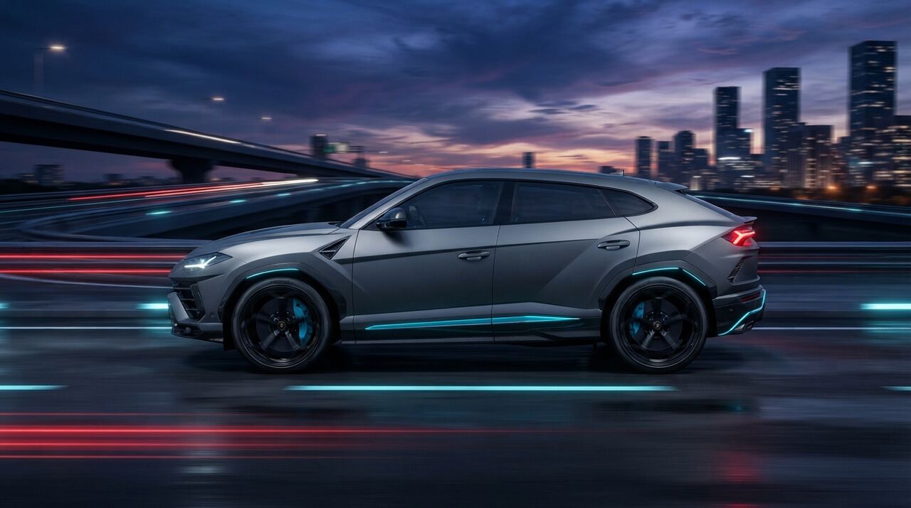 Lamborghini Urus cinza em movimento numa avenida à noite, com luzes azuis